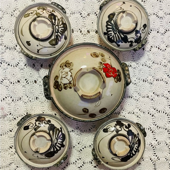 Vintage Donabe Japanese Rice Cooker Flower Motif Stoneware Earthenware Set Rare - Picture 3 of 14
